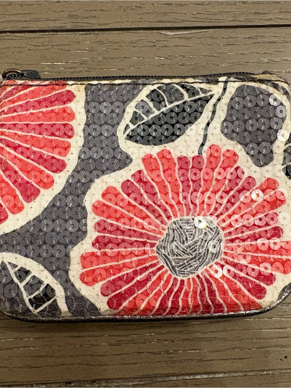 Vera Bradley Floral Sequin Zip Pouch - Red & Gray